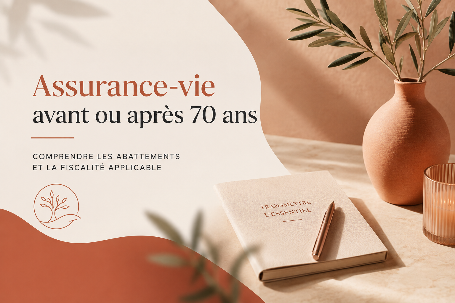 Composition sur le thème de la transmission : titre « Assurance-vie avant ou après 70 ans » avec logo du cabinet, carnet « Transmettre l'essentiel », vase en terre cuite et branches d'olivier.