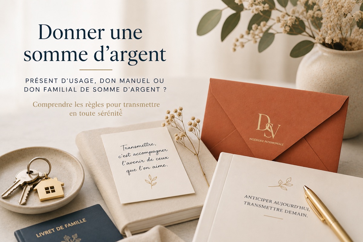 Composition évoquant la transmission familiale : enveloppe et carnets « DSV Ingénierie Patrimoniale », clés et livret de famille, illustrant l'article sur le don de somme d'argent en famille.
