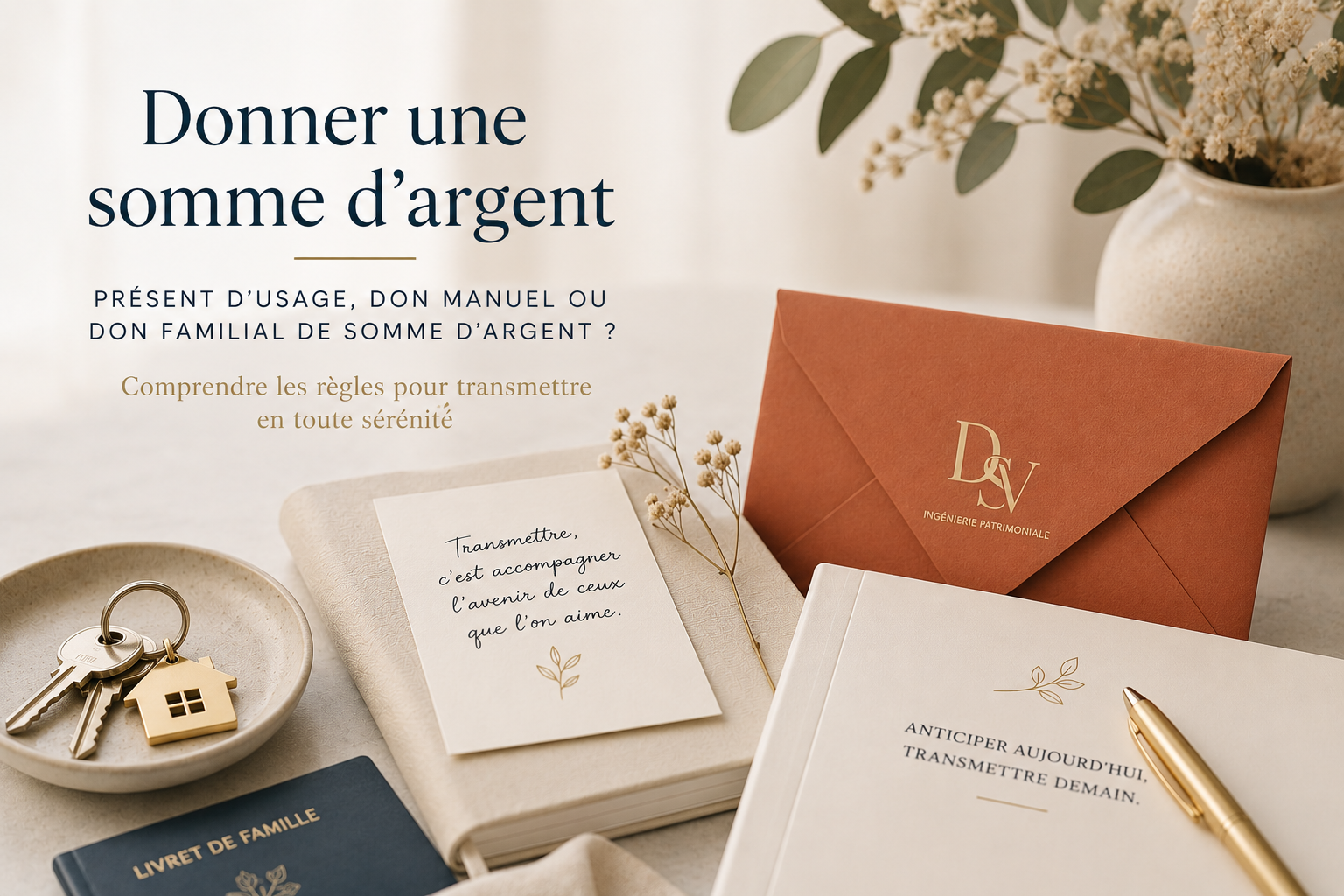 Composition évoquant la transmission familiale : enveloppe et carnets « DSV Ingénierie Patrimoniale », clés et livret de famille, illustrant l'article sur le don de somme d'argent en famille.