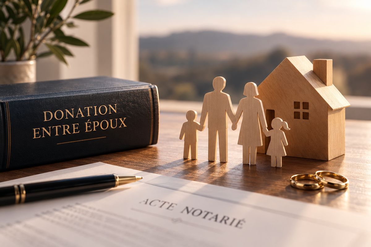 Livre « Donation entre époux » posé sur un bureau à côté de figurines en bois représentant une famille devant une maison, de deux alliances et d'un acte notarié.