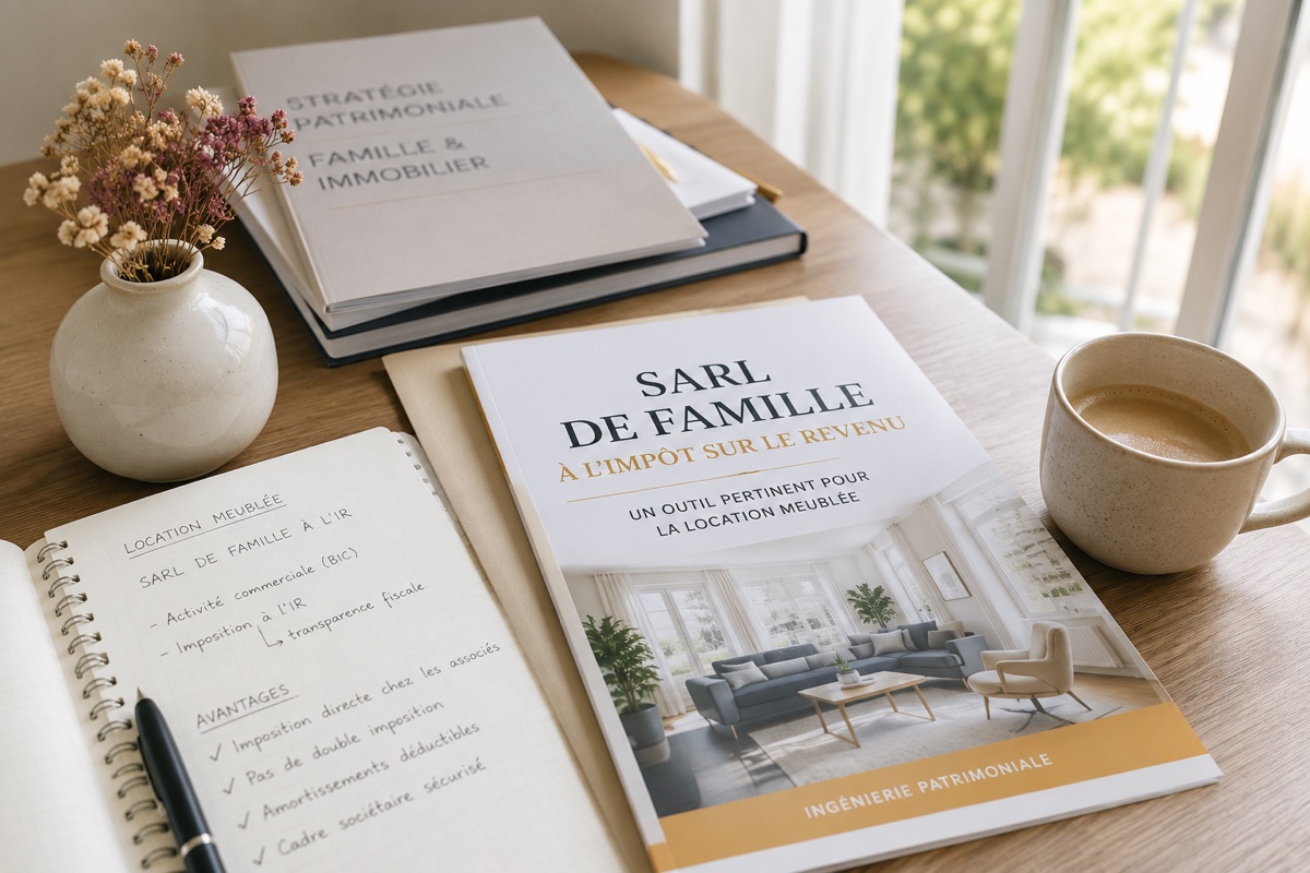 Brochure « SARL de famille à l'impôt sur le revenu, un outil pertinent pour la location meublée » posée sur un bureau avec un carnet de notes et une tasse de café.