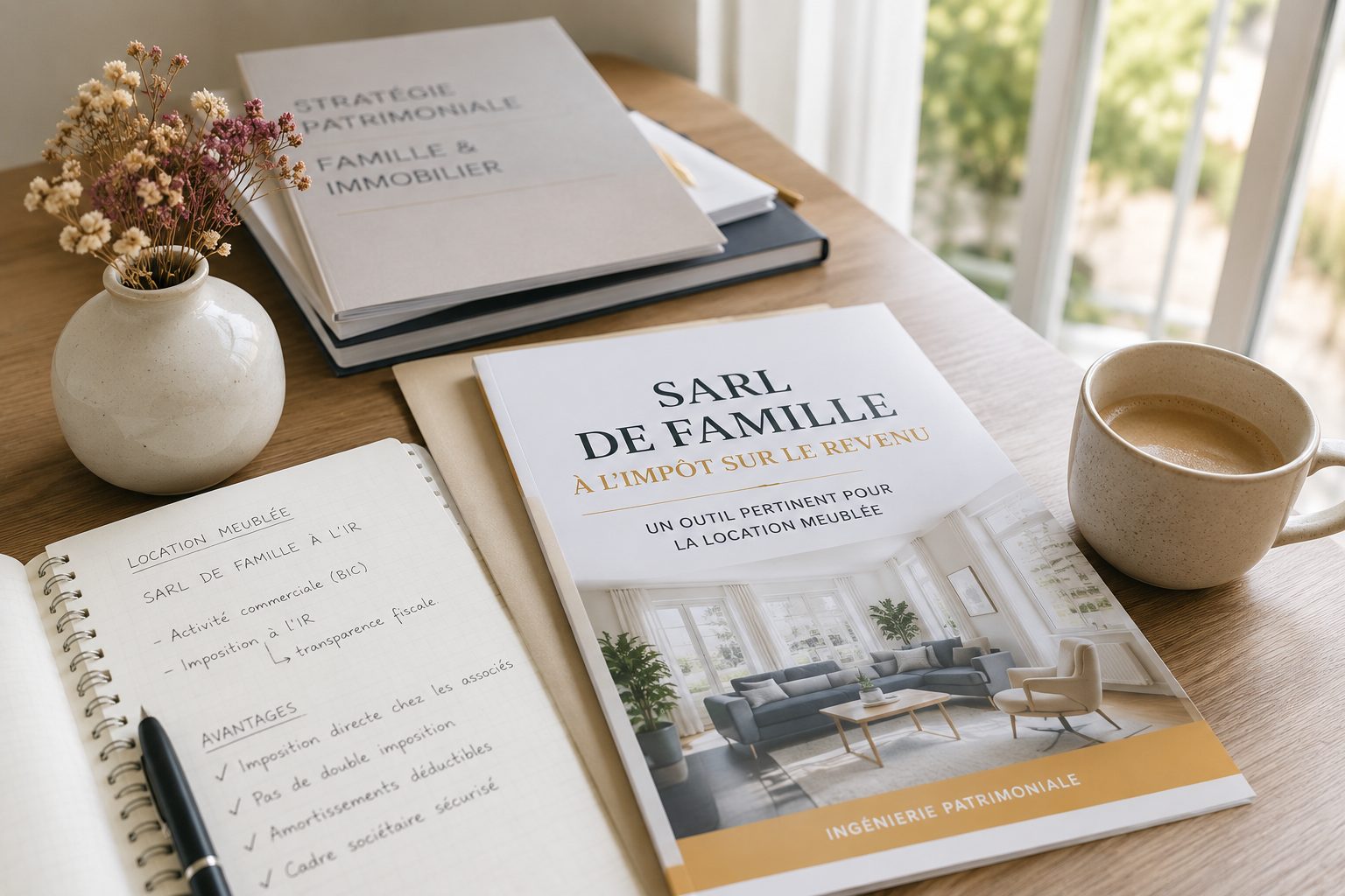 Brochure « SARL de famille à l'impôt sur le revenu, un outil pertinent pour la location meublée » posée sur un bureau avec un carnet de notes et une tasse de café.