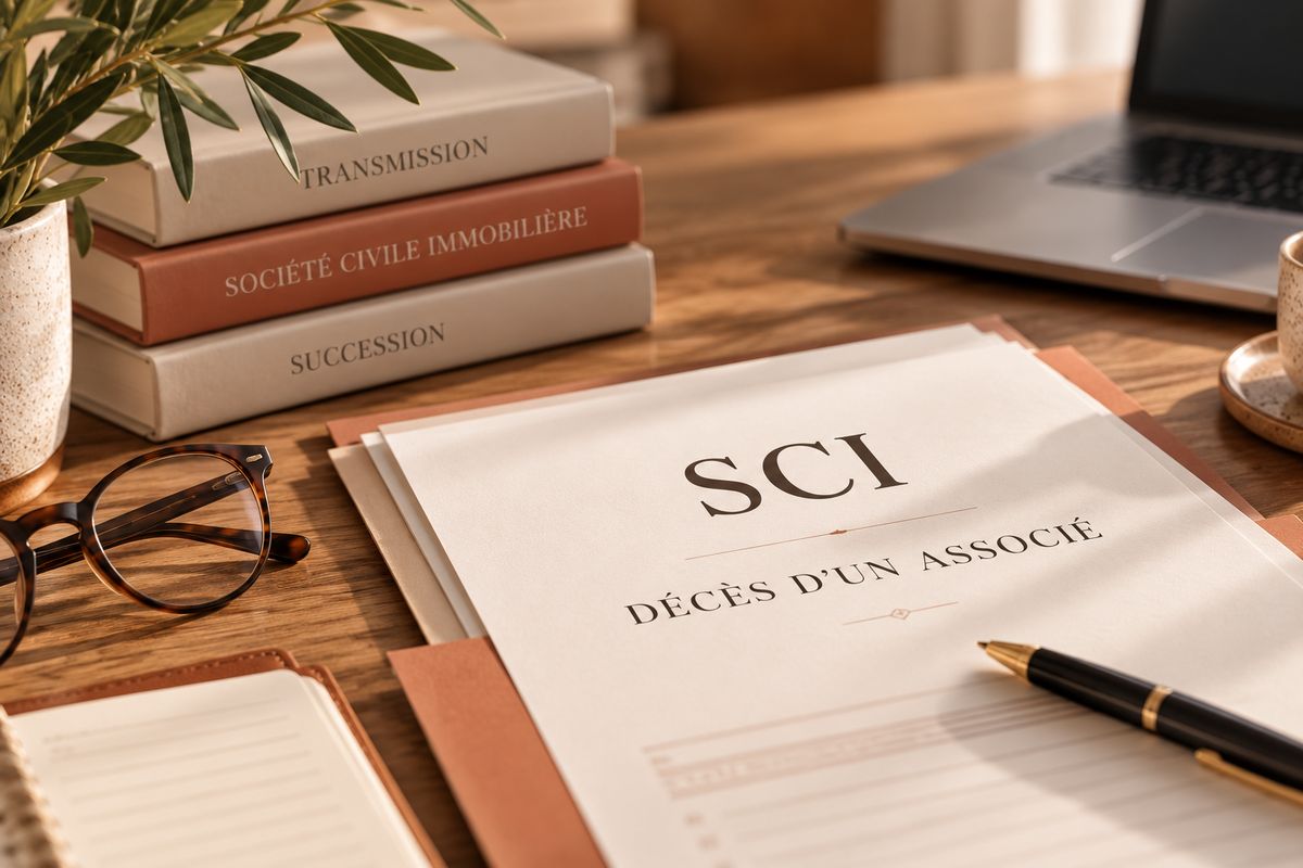 Document « SCI – Décès d'un associé » posé sur un bureau, à côté d'ouvrages « Transmission », « Société civile immobilière » et « Succession », d'un stylo et d'une paire de lunettes.